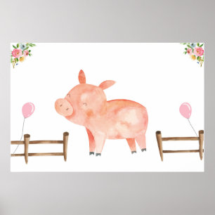 Poster Pin the Tail Pig Farm Animals Girl Birthday Pink
