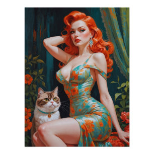 Poster Pin-up à tête rouge avec fleur de chat