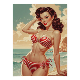 Poster Pin-up Brune in Bikini Rayé Rot und Weiß