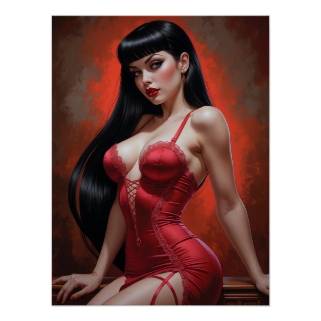 Poster Pin-up Brune Sensuelle in Rot (Vorderseite)