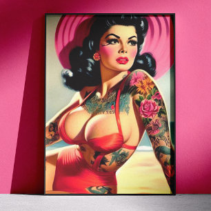 Poster Pin-up de plage tatouée