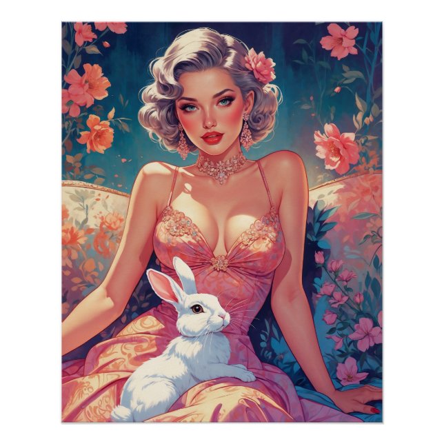 Poster Pin-up Floral mignon lapin de Pâques (Devant)