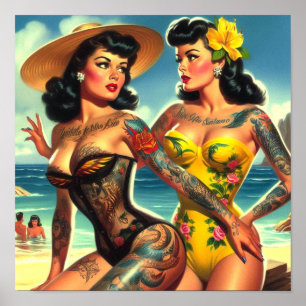 Poster Pin-ups de plage vintage tatoués
