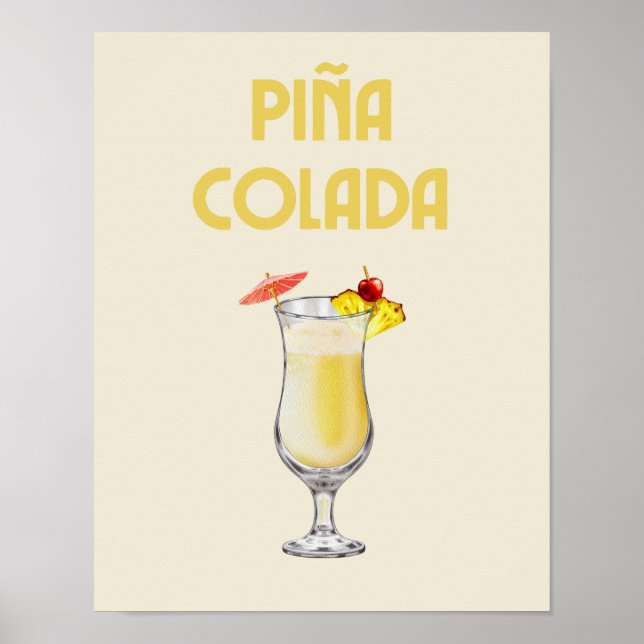 Poster Pina Colada Jaune Retro Cocktail (Devant)