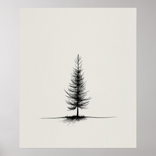 Poster Pinceau Lone Arbre moderne ligne noire art minimal (Devant)