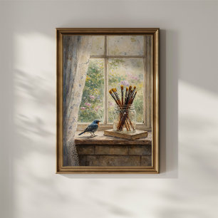 Poster Pinceaux d'artiste sur une scène de fenêtre