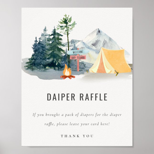 Poster Pine Woods Camping Diaper Baby shower de raffle Si (Devant)