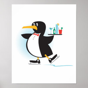 Poster pingouin de serveur mignon sur les patins