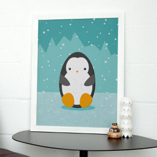 Poster Pingouin mignon sur glace Bleu Dessin d'hiver