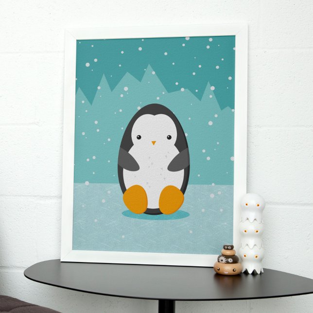 Poster Pingouin mignon sur glace Bleu Dessin d'hiver (Créateur téléchargé)