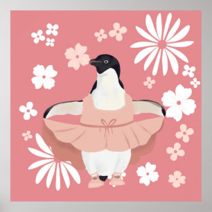 Poster Pingouin Whimsical Ballerina Avec Fleurs Roses