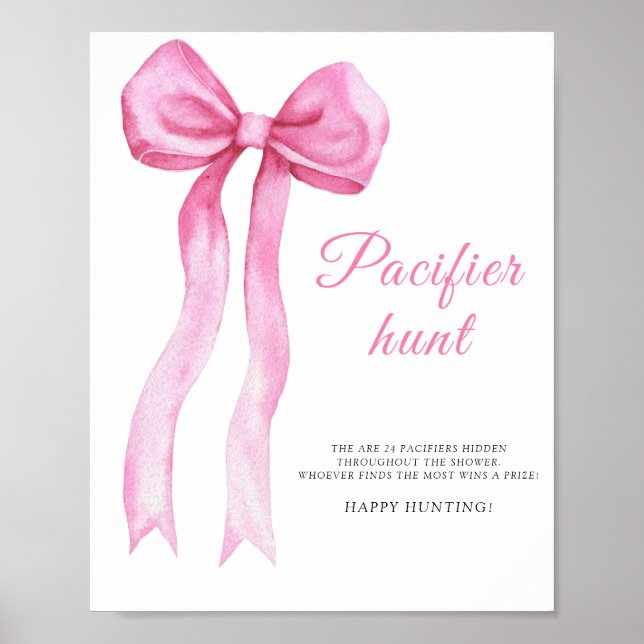 Poster Pink a bow - pacifier chasse jeu de baby shower (Devant)