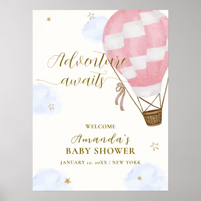 Poster Pink Adventure Hot Air Balloon Baby shower Bienven (Devant)
