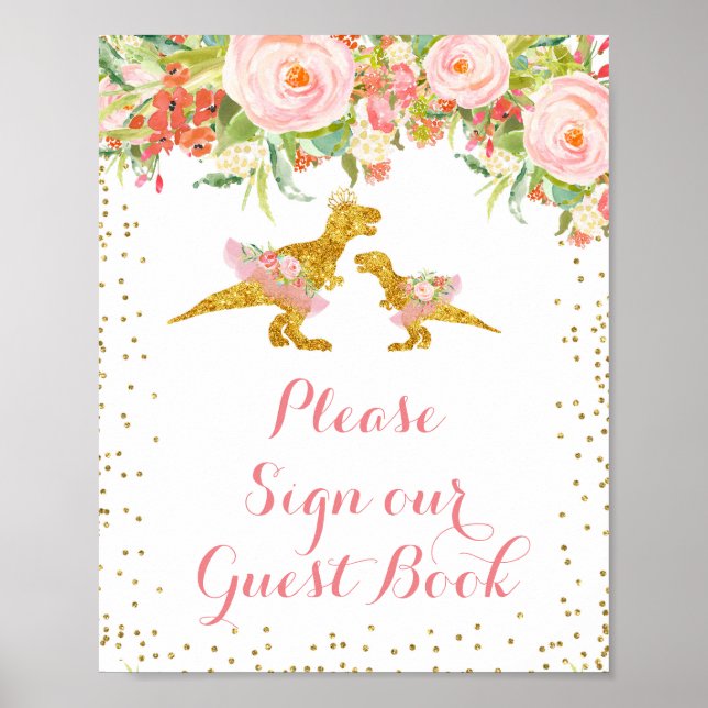 Poster Pink and Gold Dino S'il vous plaît signer notre li (Devant)