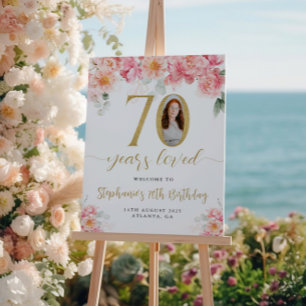 Poster Pink and Gold Floral Photo 70e anniversaire Bienve