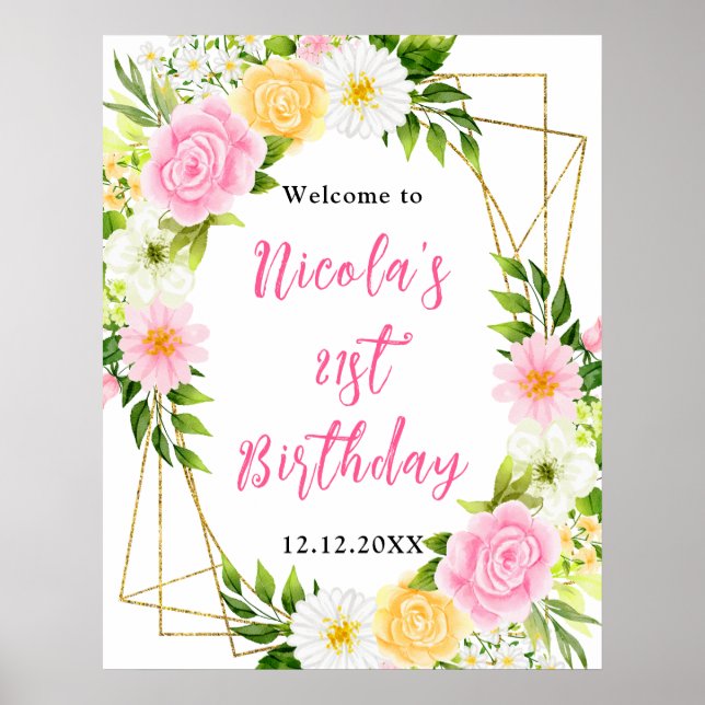 Poster Pink and Yellow Flower Birthday Welcome (Devant)