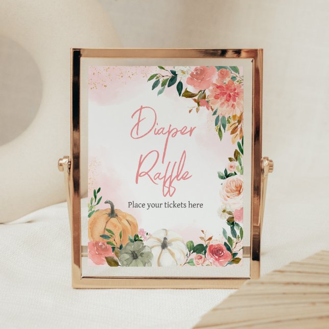 Poster Pink Automne automne Floral Citrouille Déchets Raf (Autumn Floral Pumpkin Baby Shower Diaper Raffle Sign)