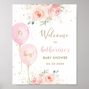 Poster Pink Balloons Floral Twins Baby Shower Welcome