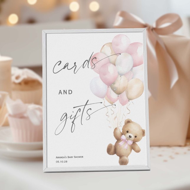 Poster Pink Bealy wait, cartes et cadeaux Girl Douche Sig (Pink Baby Boy Shower, We Can Bearly Wait Themed Cards and gifts sign)