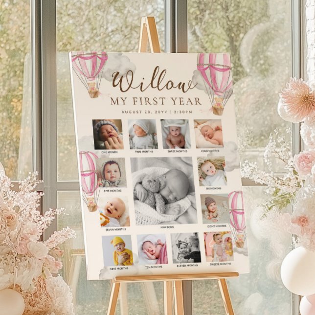 Poster Pink Beary First Birthday Photo Timeline (Créateur téléchargé)