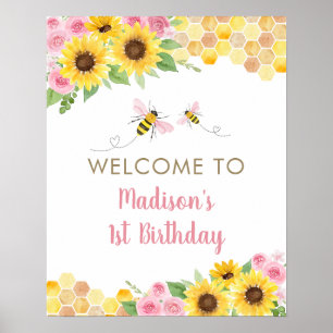 Poster Pink Bee Sunflower Bienvenue