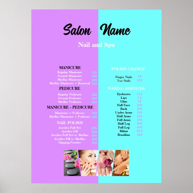 Poster Pink Blue Beauty Nail Salon Prix du menu (Devant)
