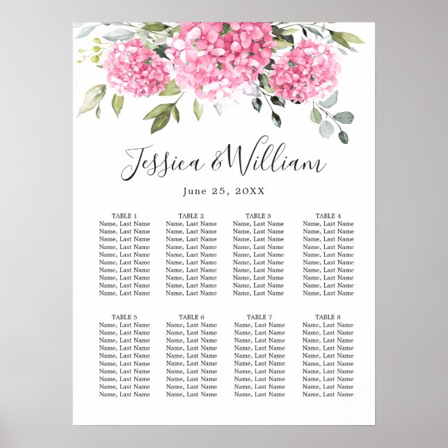 Poster Pink Blush Hydrangea Floral 8 Tables CHART DE SIÈG (Devant)