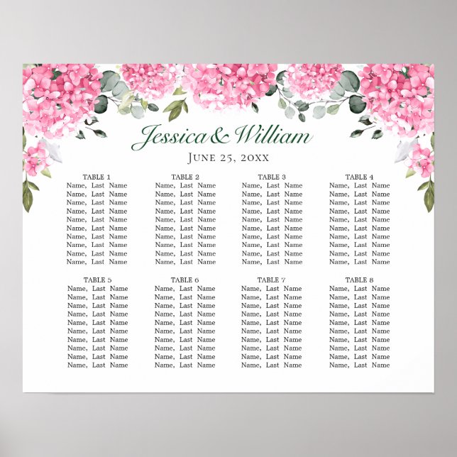 Poster Pink Blush Hydrangea Floral 8 Tables CHART DE SIÈG (Devant)
