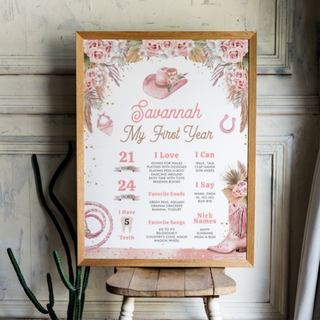 Poster Pink Boho First Rodeo 1st Birthday Milestone 18x24 (Pink Boho First Rodeo 1st Birthday Milestone 18x24 Poster)