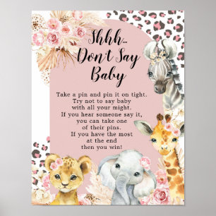 Poster Pink Boho Safari Party Animaux Fille Ne pas dire b