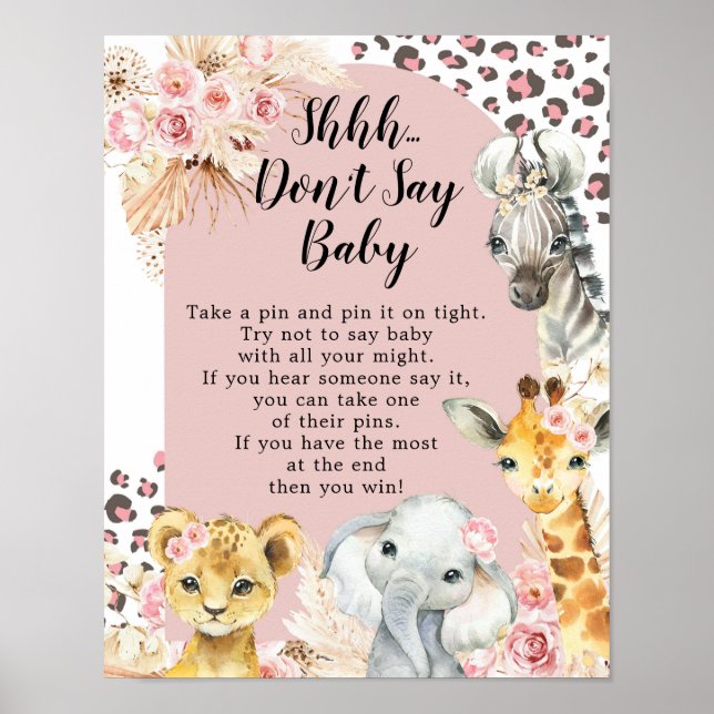 Poster Pink Boho Safari Party Animaux Fille Ne pas dire b (Devant)