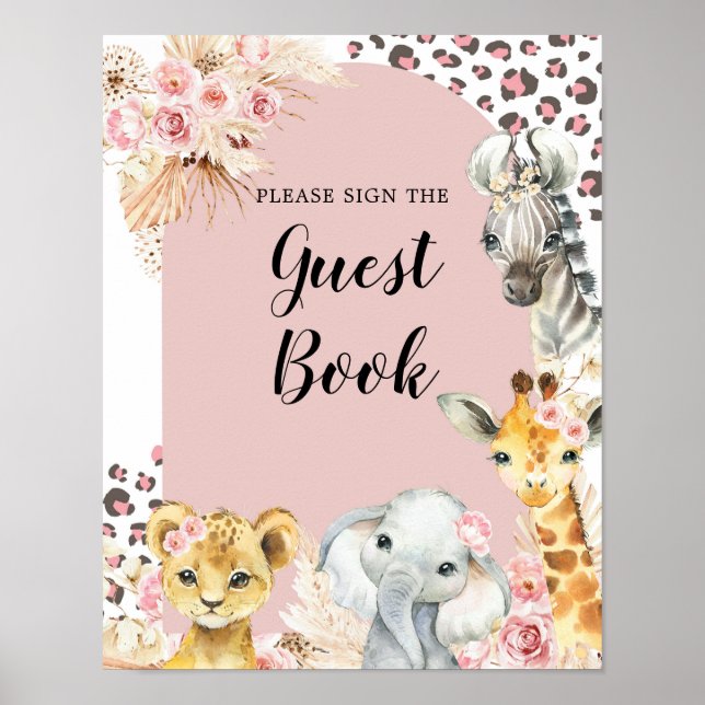 Poster Pink Boho Safari Party Animaux Girl Livre d'invité (Devant)