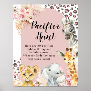 Poster Pink Boho Safari Party Animaux Girl Pacifier chass