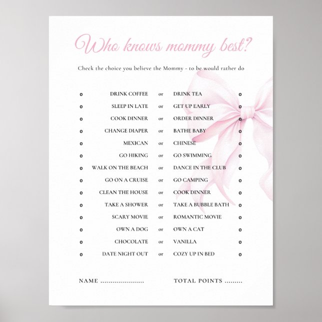 Poster Pink Bow Baby shower Qui Connaît Mommy Meilleur Je (Devant)