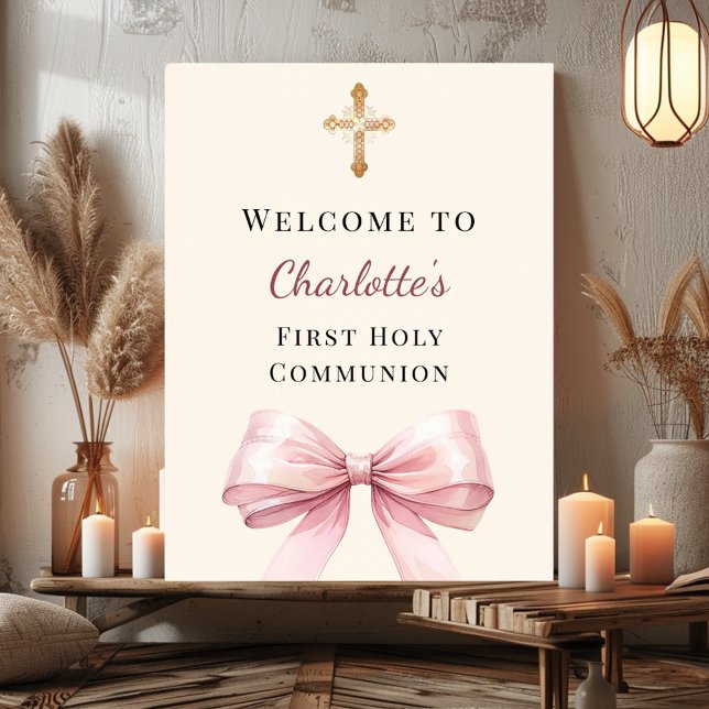 Poster Pink bow blush ivory First Holy Communion welcome (Créateur téléchargé)