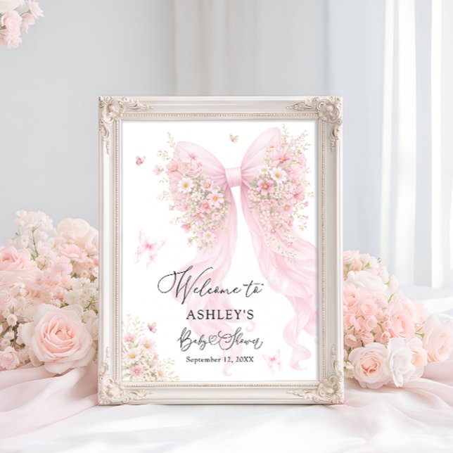 Poster Pink Bow Butterfly Baby Shower Welcome (Créateur téléchargé)