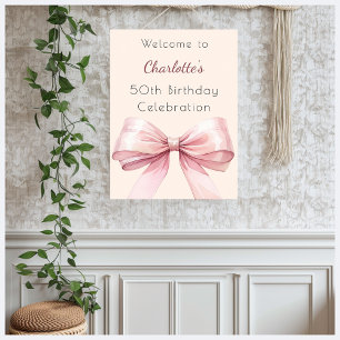 Poster Pink bow crème beige fête d'anniversaire bienvenue