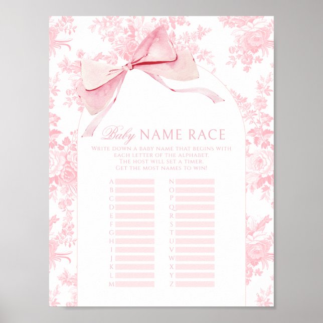 Poster Pink Bow Floral Baby Girl Nom Race Shower Jeu (Devant)