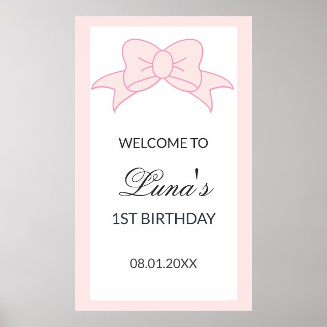 Poster Pink Bow Girl Kids 1st Birthday  (Devant)