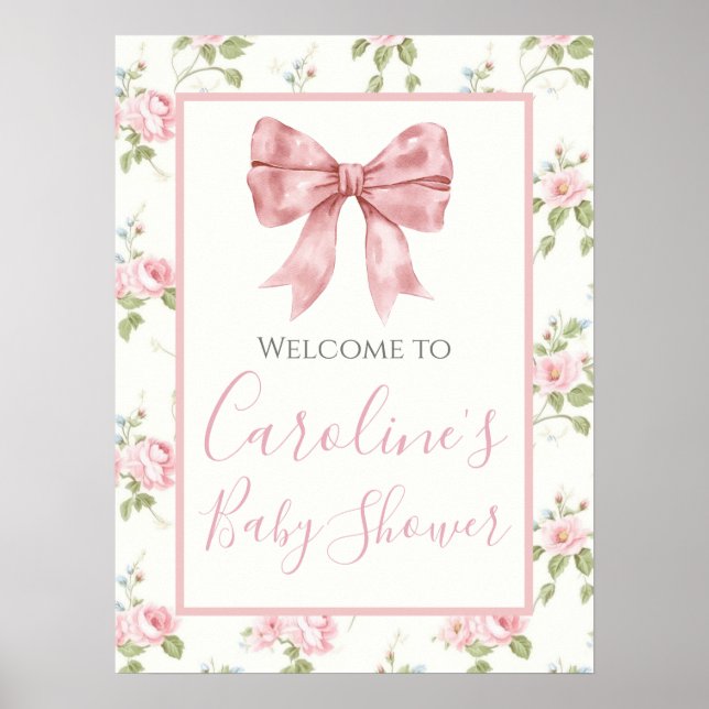 Poster Pink Bow Girl Preppy Baby shower Sud (Devant)