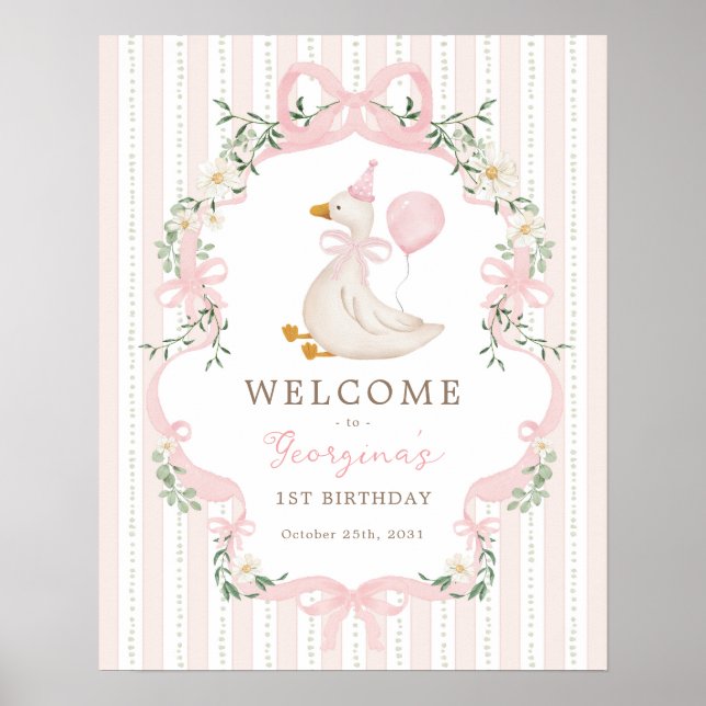 Poster Pink Bow One Silly Goose 1st Birthday Welcome (Devant)