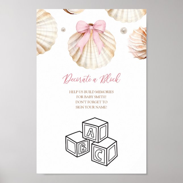 Poster Pink Bow Shell Baby Shower Decorate Block Sign (Devant)
