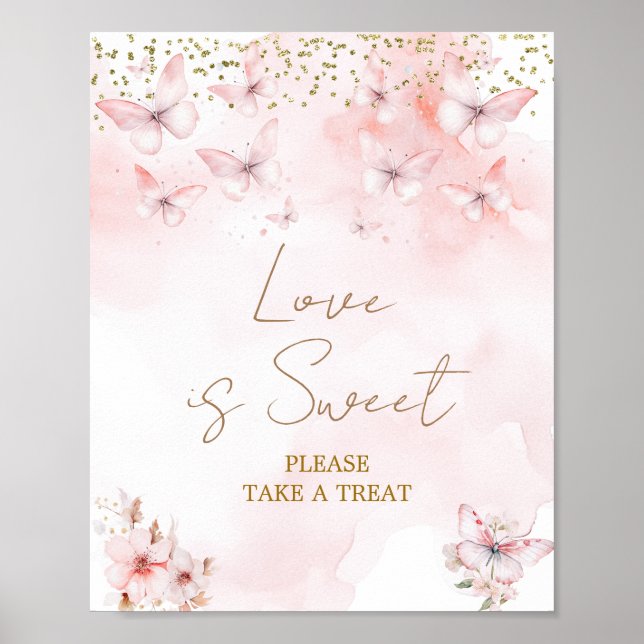 Poster Pink Butterfly Baby Shower Girl  Love is Sweet (Devant)