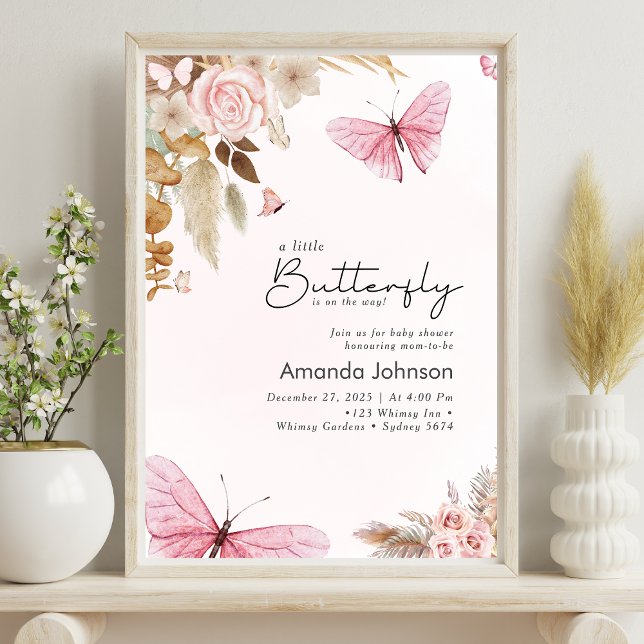 Poster Pink Butterfly Pampas Grass Bohemian Baby Shower  (Créateur téléchargé)