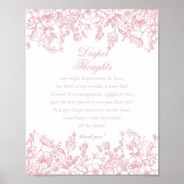 Poster Pink Chinoiserie Flora Diaper Thoughts Baby Shower (Devant)