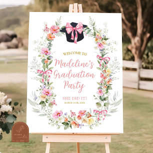 Poster Pink Colorful Floral Bow Graduation Party