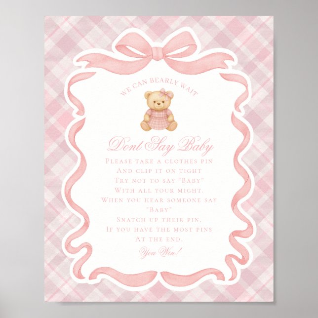 Poster Pink Coquette Bow Bear Tartan Dont Say Baby Game (Devant)