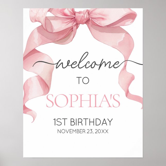 Poster Pink Coquette Bow Birthday Party Welcome Signs (Devant)