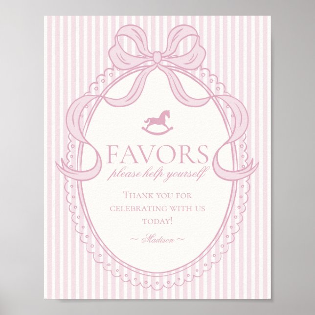 Poster Pink Coquette Bow Rocking Horse Favors Sign (Devant)