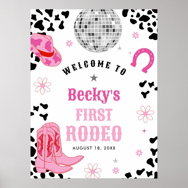 Poster Pink Disco First Rodeo Girl 1er anniversaire Bienv (Devant)